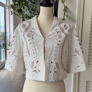 Karen Millen White Embroidered Open-Work Cropped Jacket